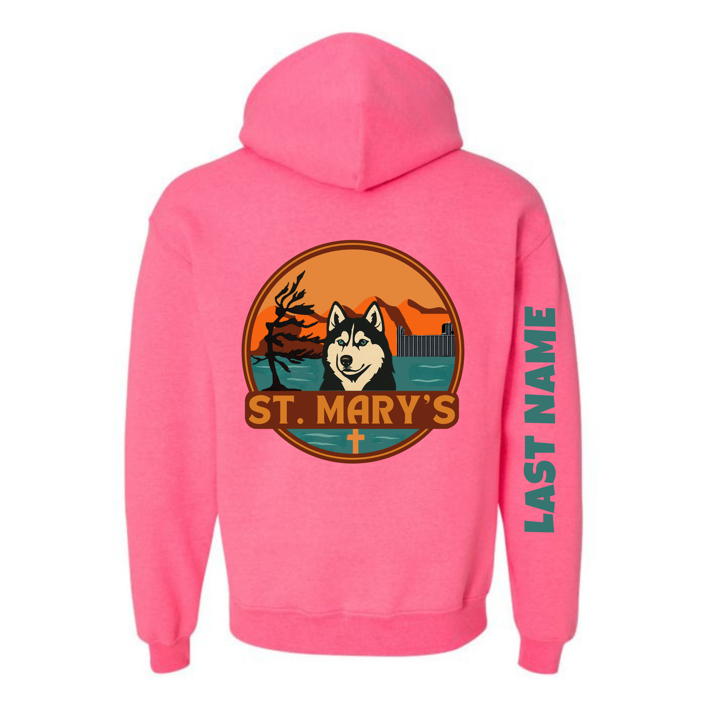 Kindness Collection Adult Personalized St. Mary's Oversize Logo Hooded Sweatshirt - Safety Pink