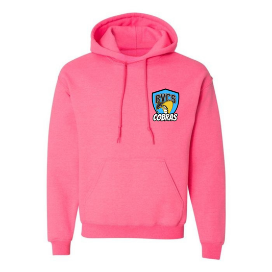 Adult Personalized BVCS Neon Blue Cobra Hooded Sweatshirt - Safety Pink
