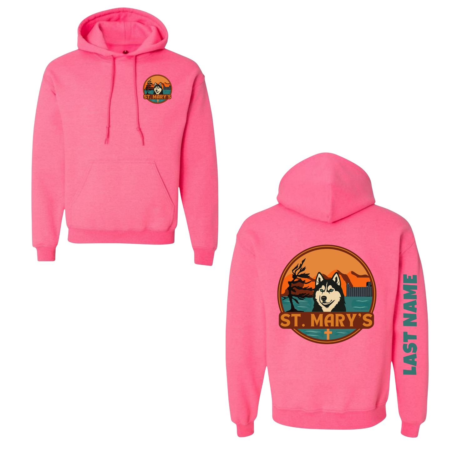 Kindness Collection Adult Personalized St. Mary's Oversize Logo Hooded Sweatshirt - Safety Pink