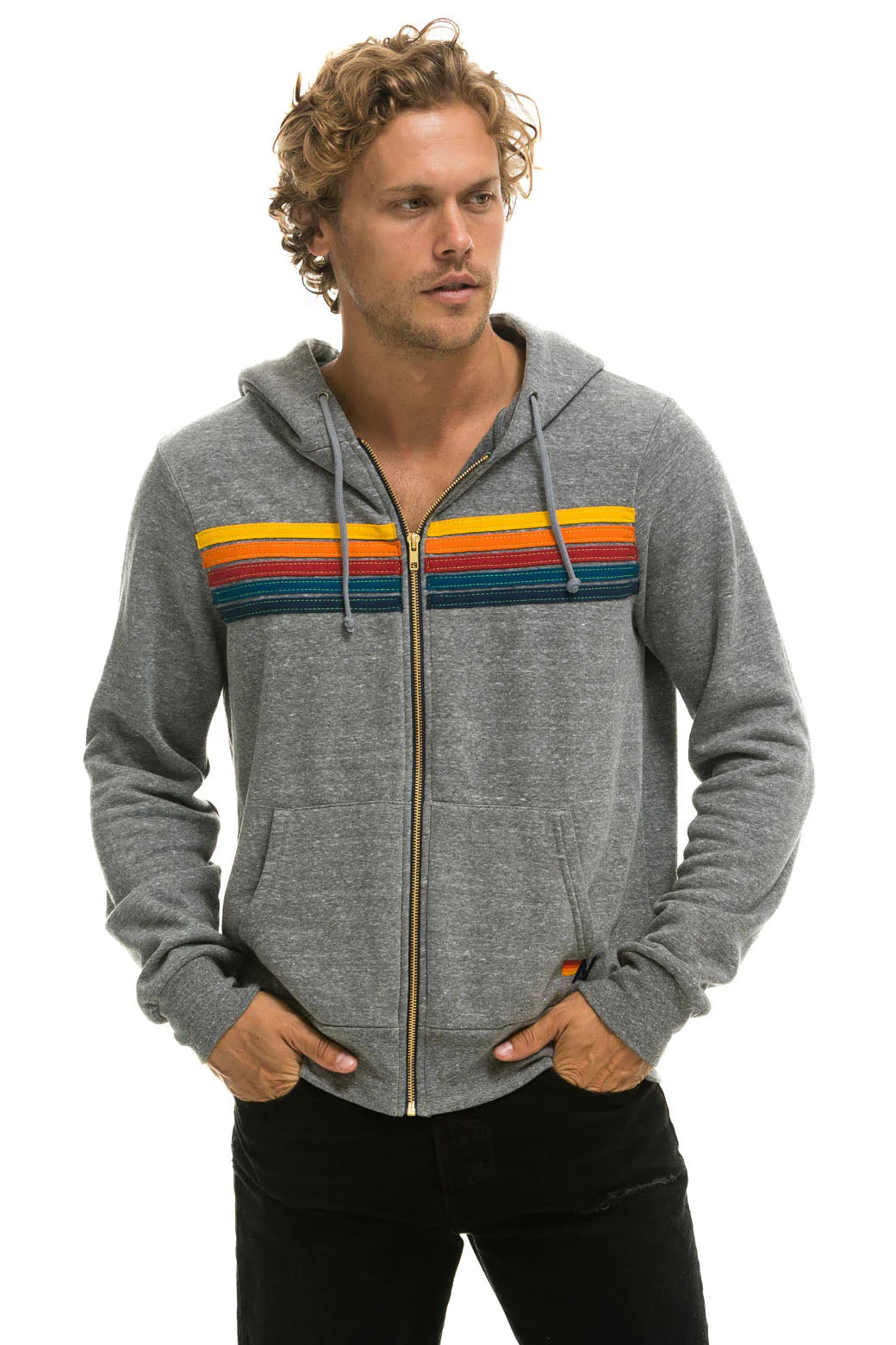 Aviator Nation - Adult 5 Stripe Zip Hoodie - Heather Grey