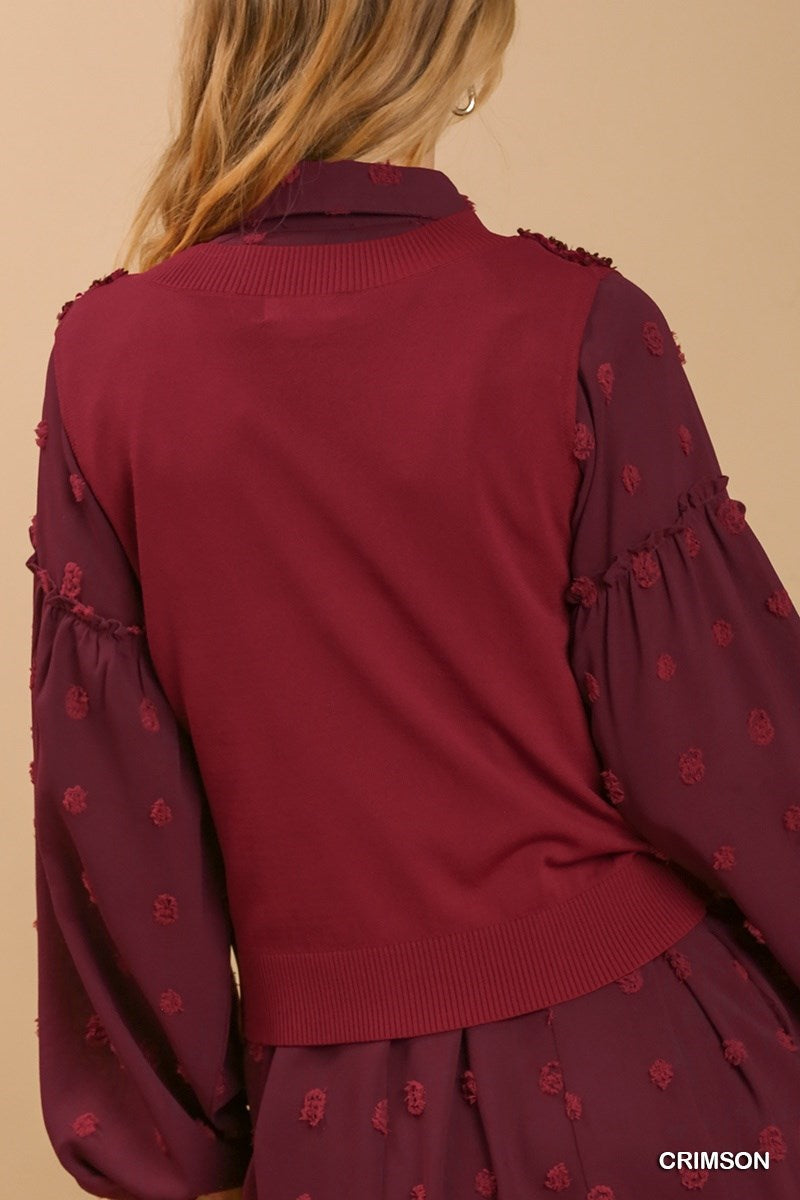 Sequin Deep V-Neck Sweater Vest - Crimson