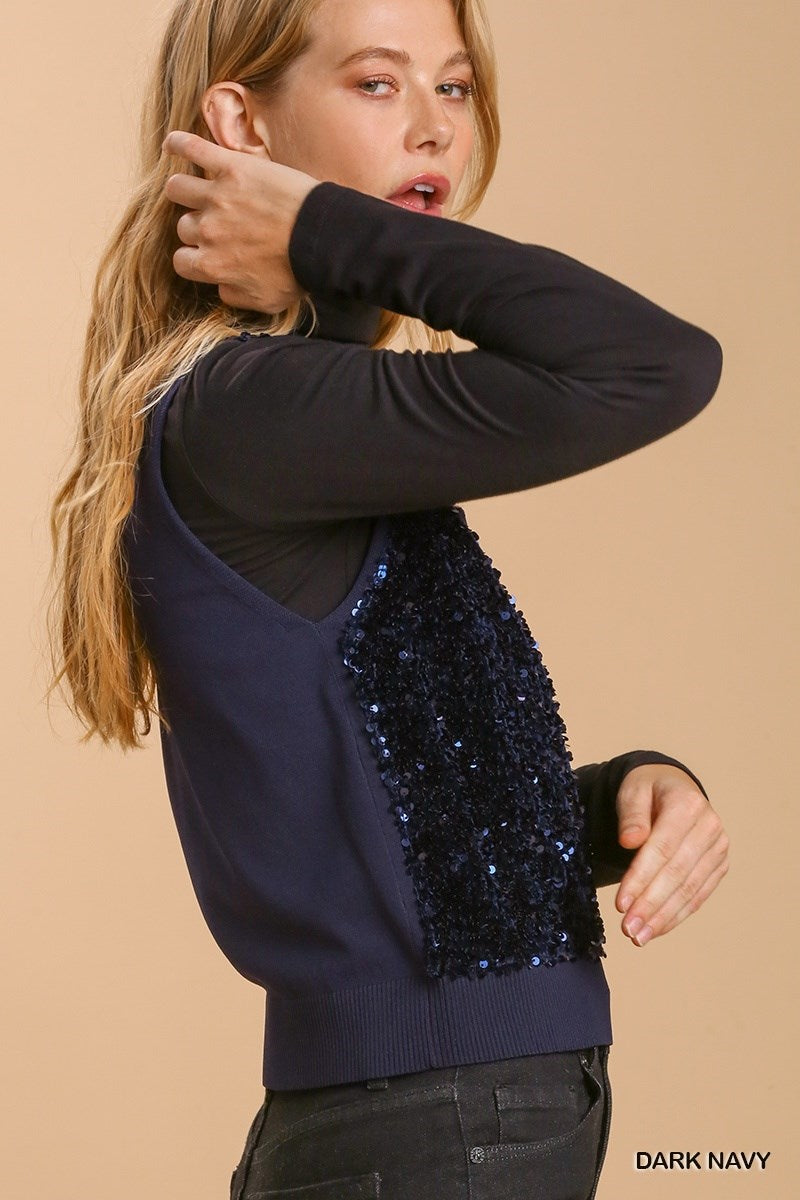 Sequin Deep V-Neck Vest Sweater Vest - Navy
