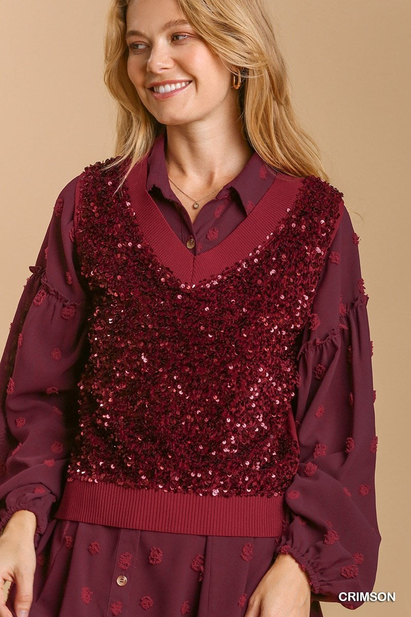 Sequin Deep V-Neck Sweater Vest - Crimson