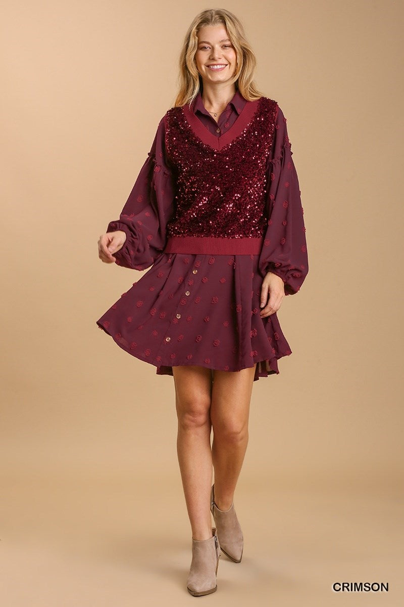 Sequin Deep V-Neck Sweater Vest - Crimson