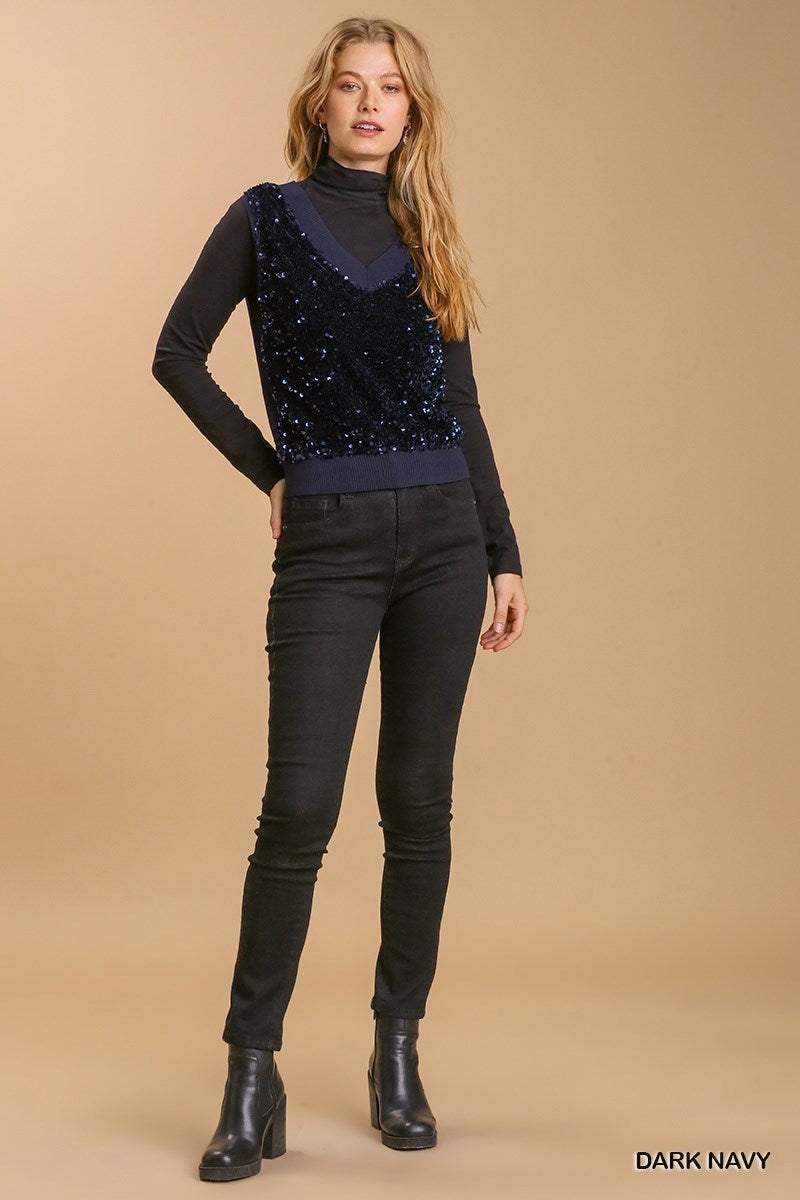 Sequin Deep V-Neck Vest Sweater Vest - Navy