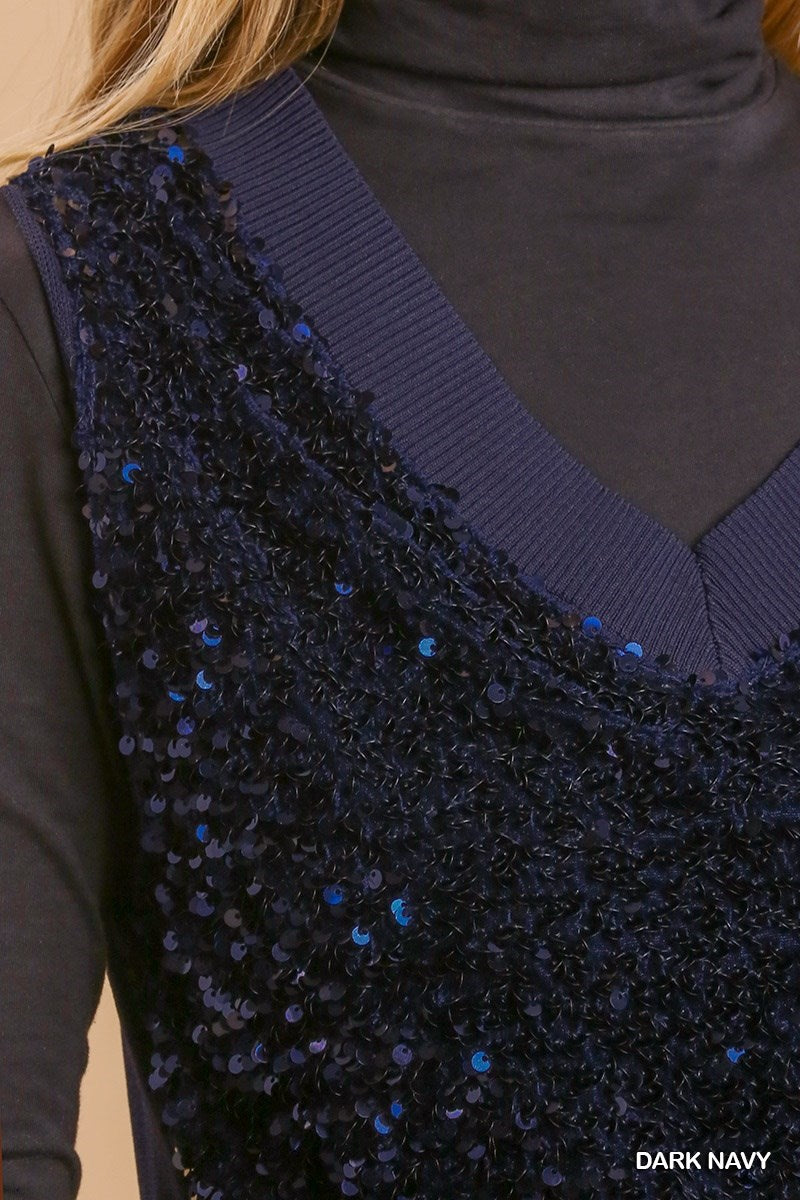 Sequin Deep V-Neck Vest Sweater Vest - Navy