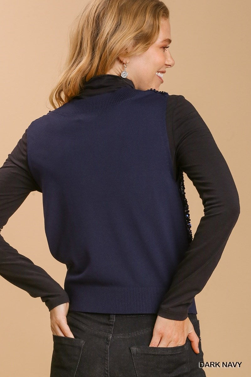 Sequin Deep V-Neck Vest Sweater Vest - Navy