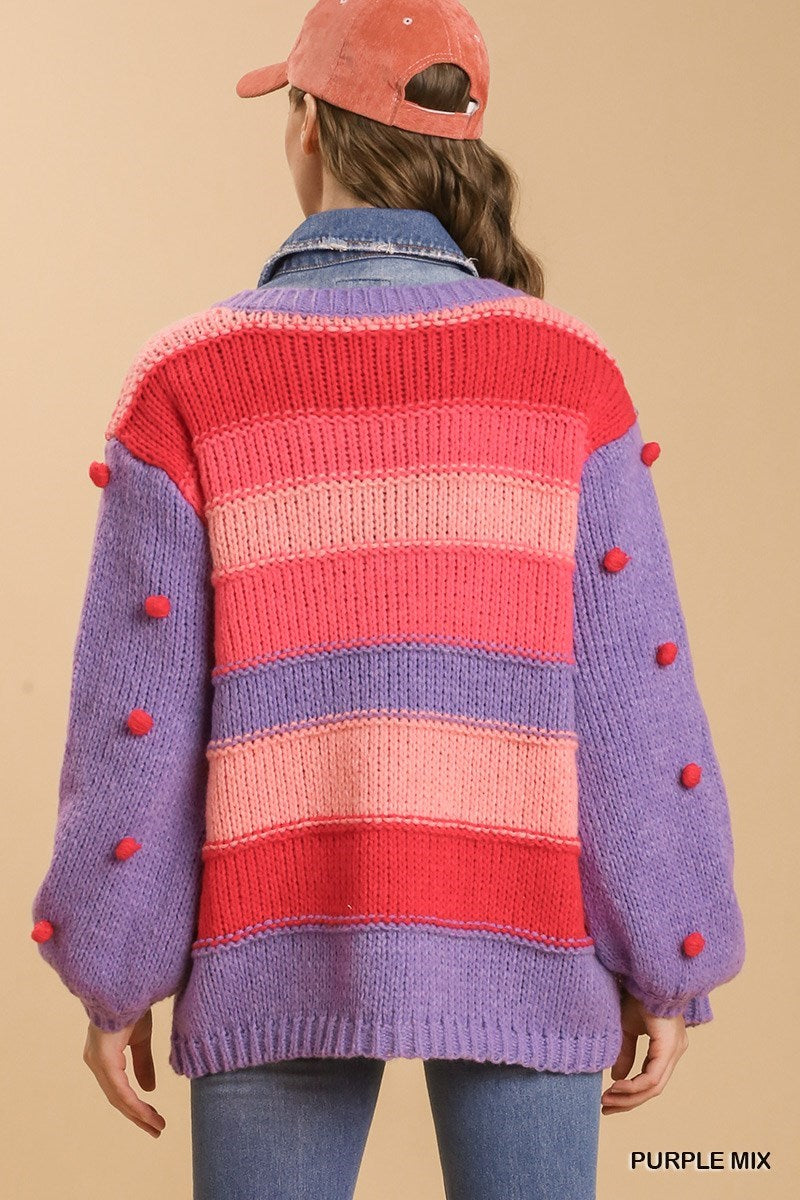 Pom-Pom Color Block Open Front Cardigan