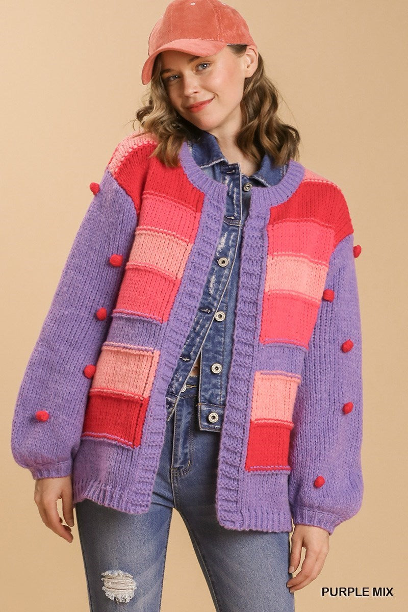 Pom-Pom Color Block Open Front Cardigan