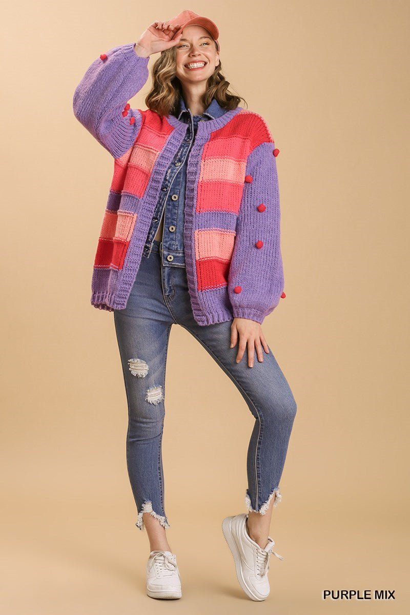 Pom-Pom Color Block Open Front Cardigan