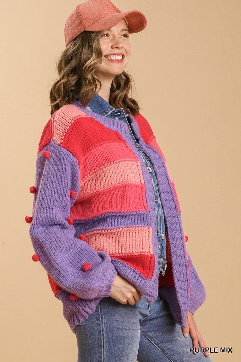 Pom-Pom Color Block Open Front Cardigan