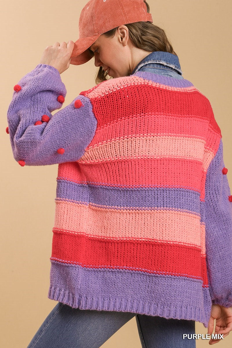 Pom-Pom Color Block Open Front Cardigan