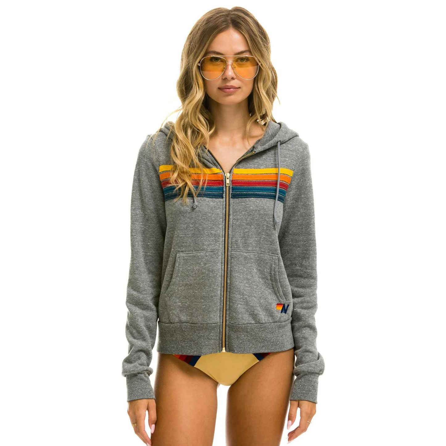 Aviator Nation - Adult 5 Stripe Zip Hoodie - Heather Grey