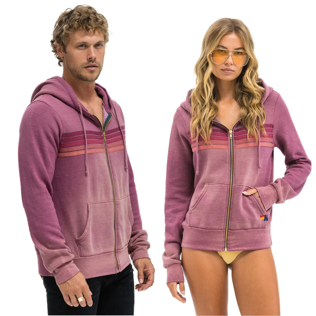 Aviator Nation - Adult 5 Stripe Zip Hoodie - Faded Berry