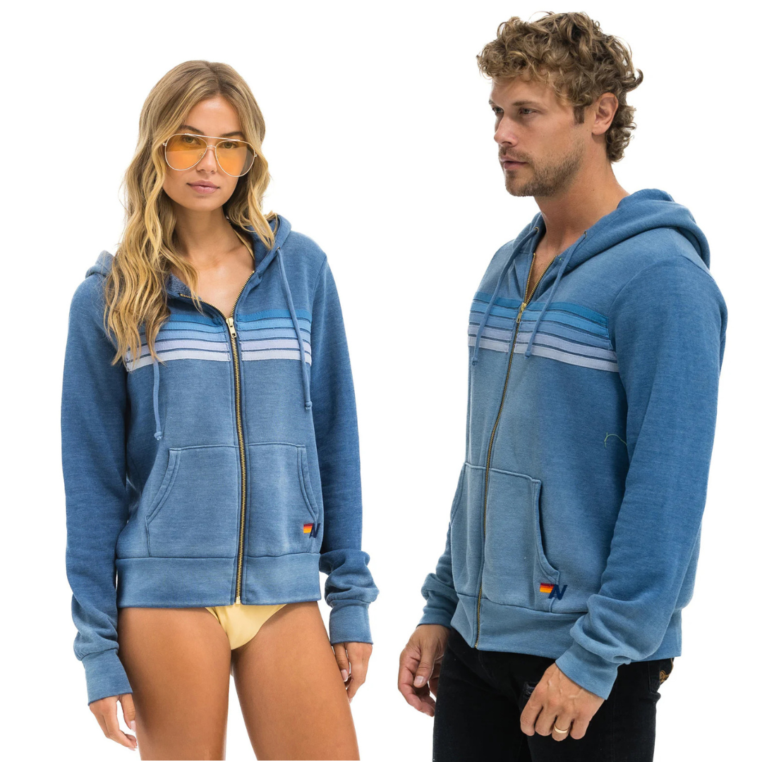 Aviator Nation - Adult 5 Stripe Zip Hoodie - Faded Water