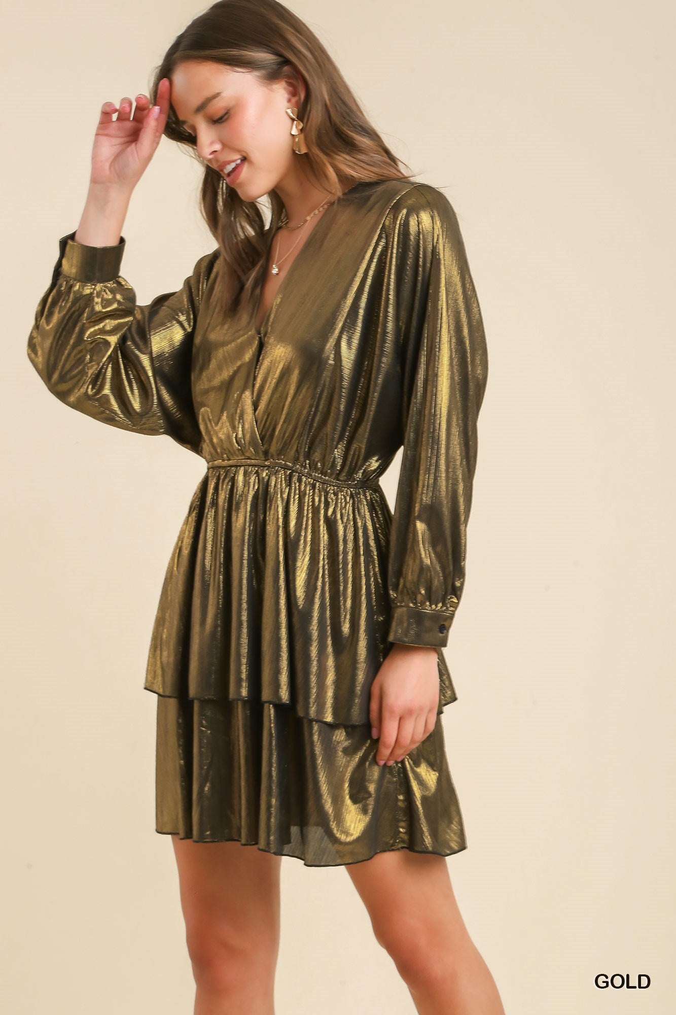 Metallic Surplice Neckline Tiered Dress - Gold