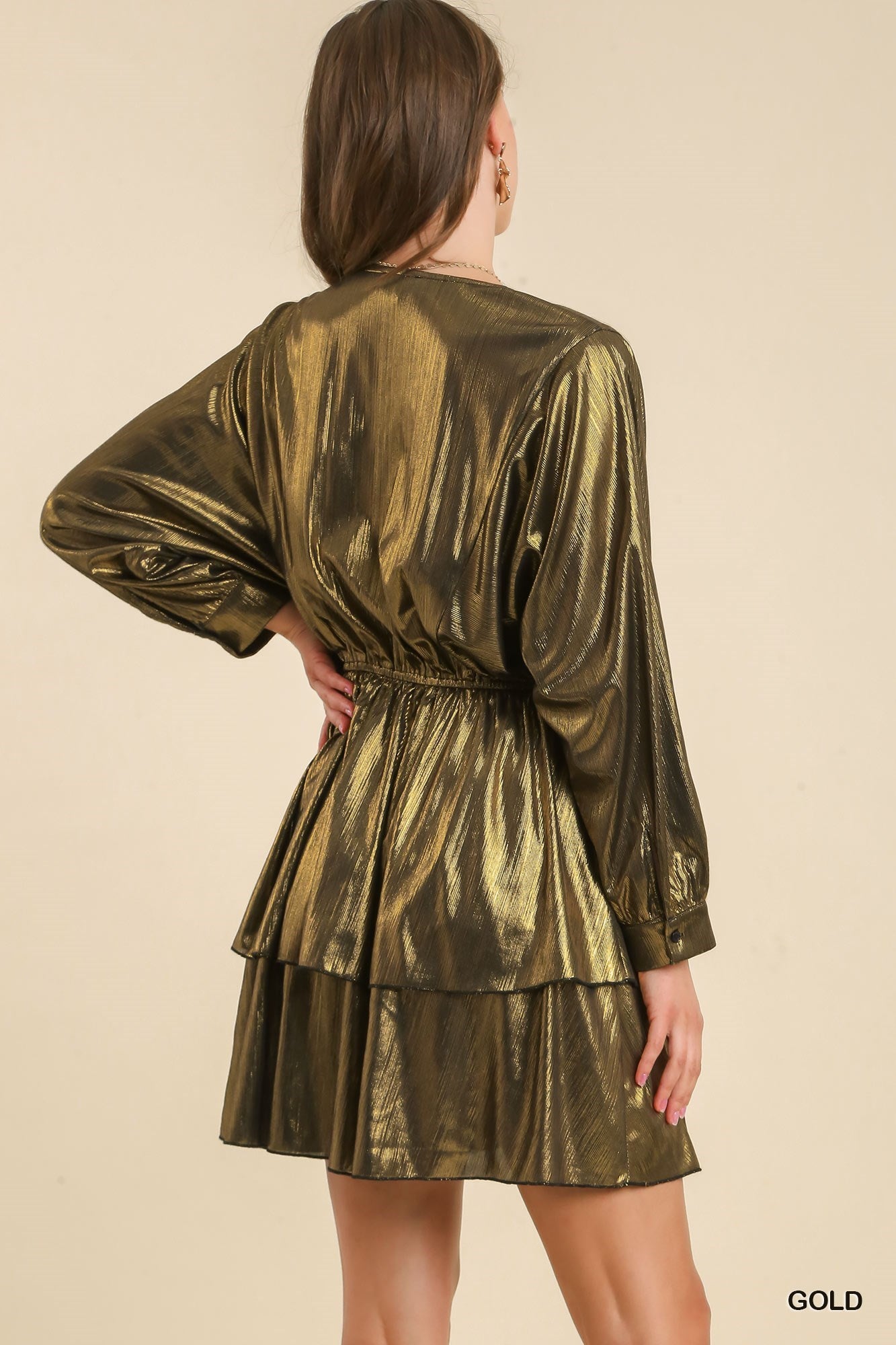 Metallic Surplice Neckline Tiered Dress - Gold
