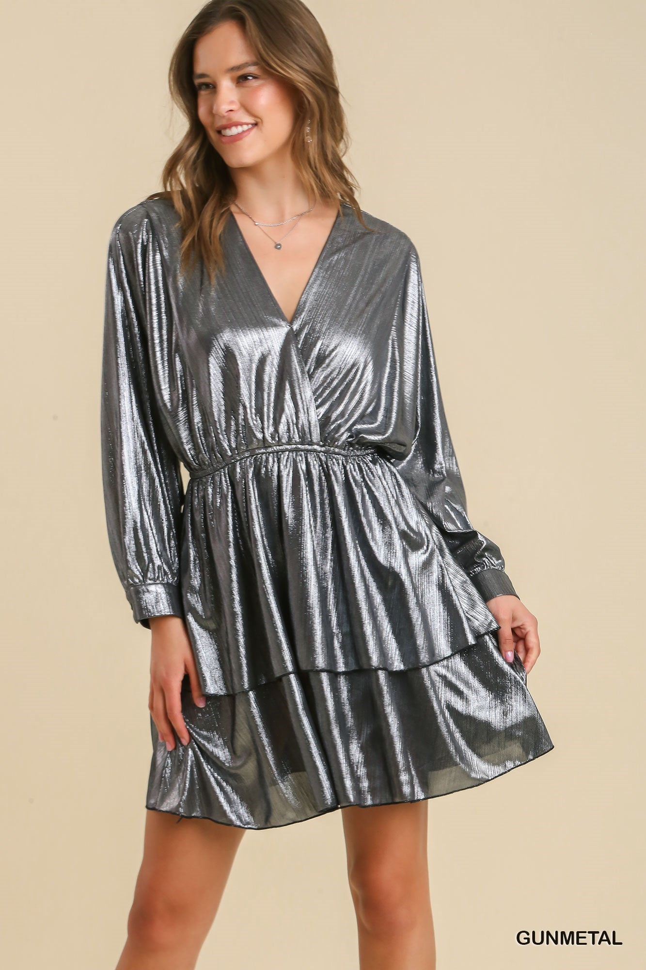 Metallic Surplice Neckline Tiered Dress - Gunmetal