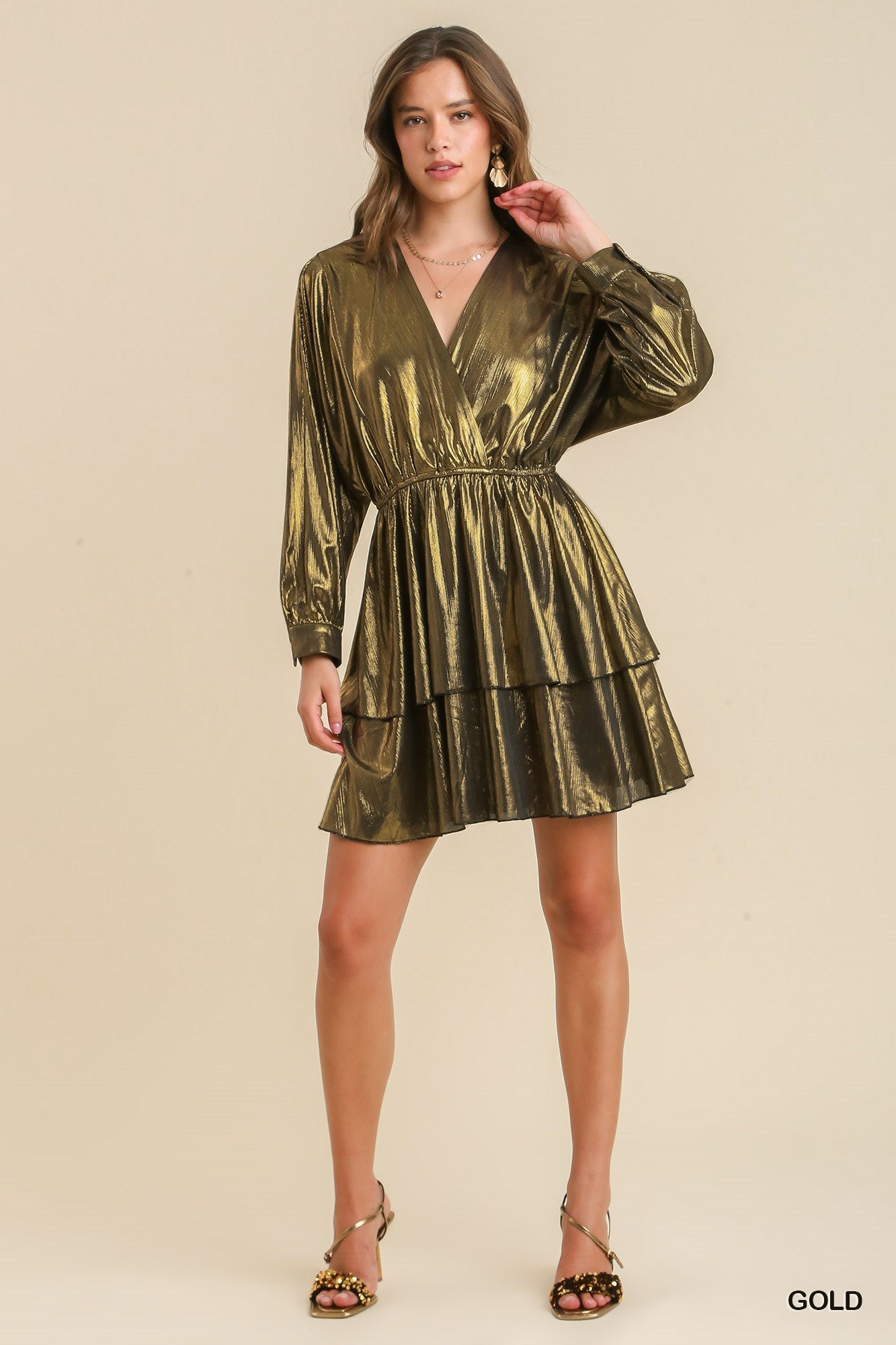 Metallic Surplice Neckline Tiered Dress - Gold