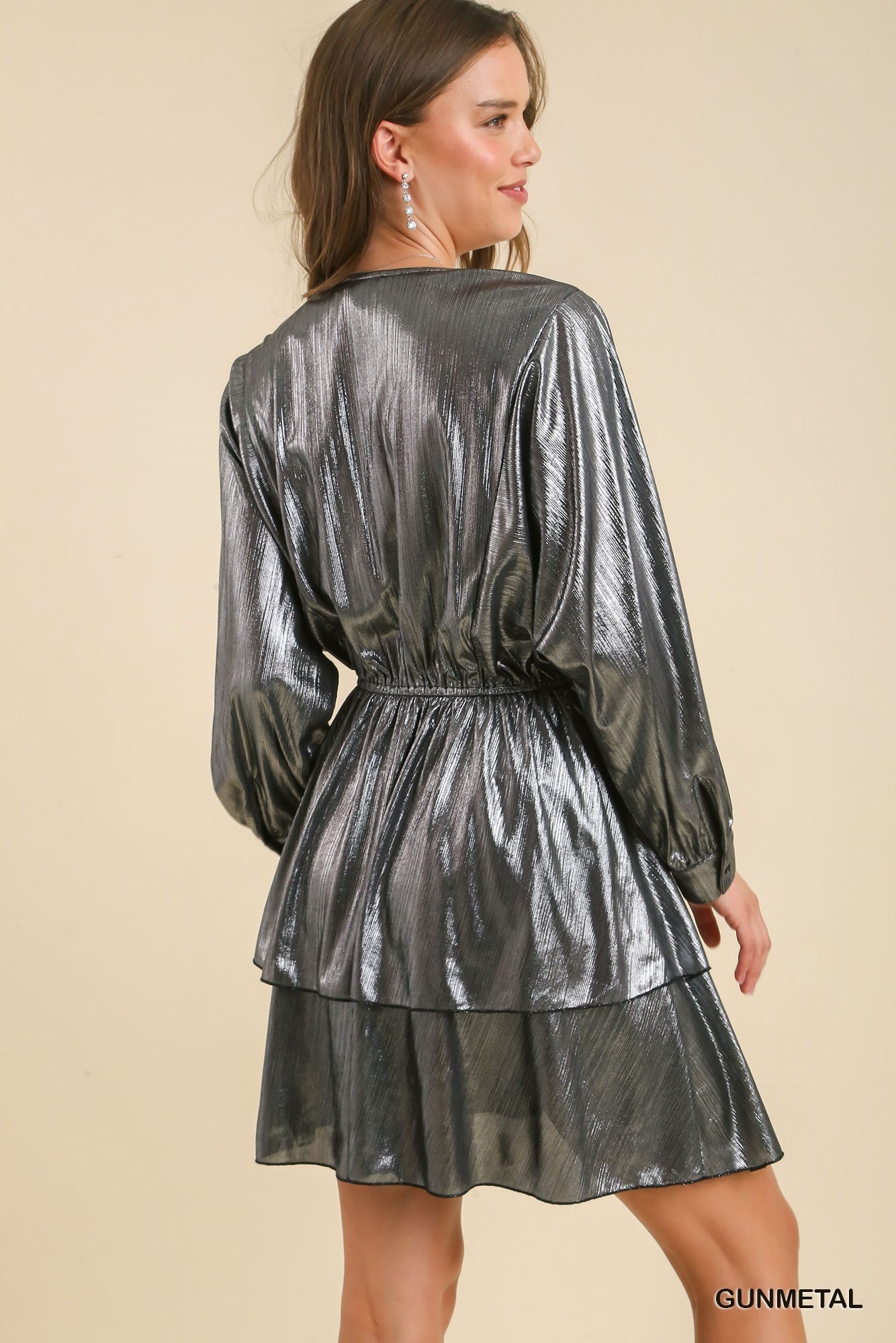Metallic Surplice Neckline Tiered Dress - Gunmetal