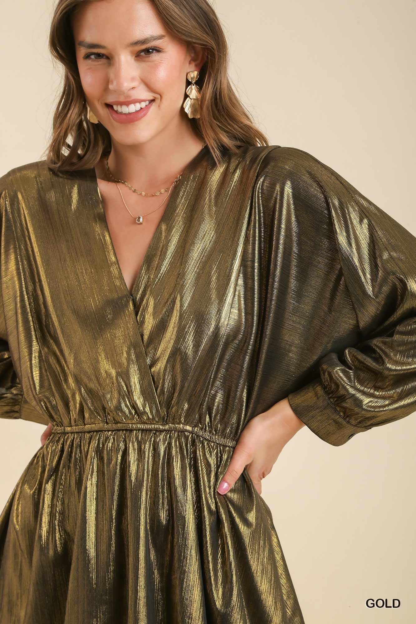 Metallic Surplice Neckline Tiered Dress - Gold