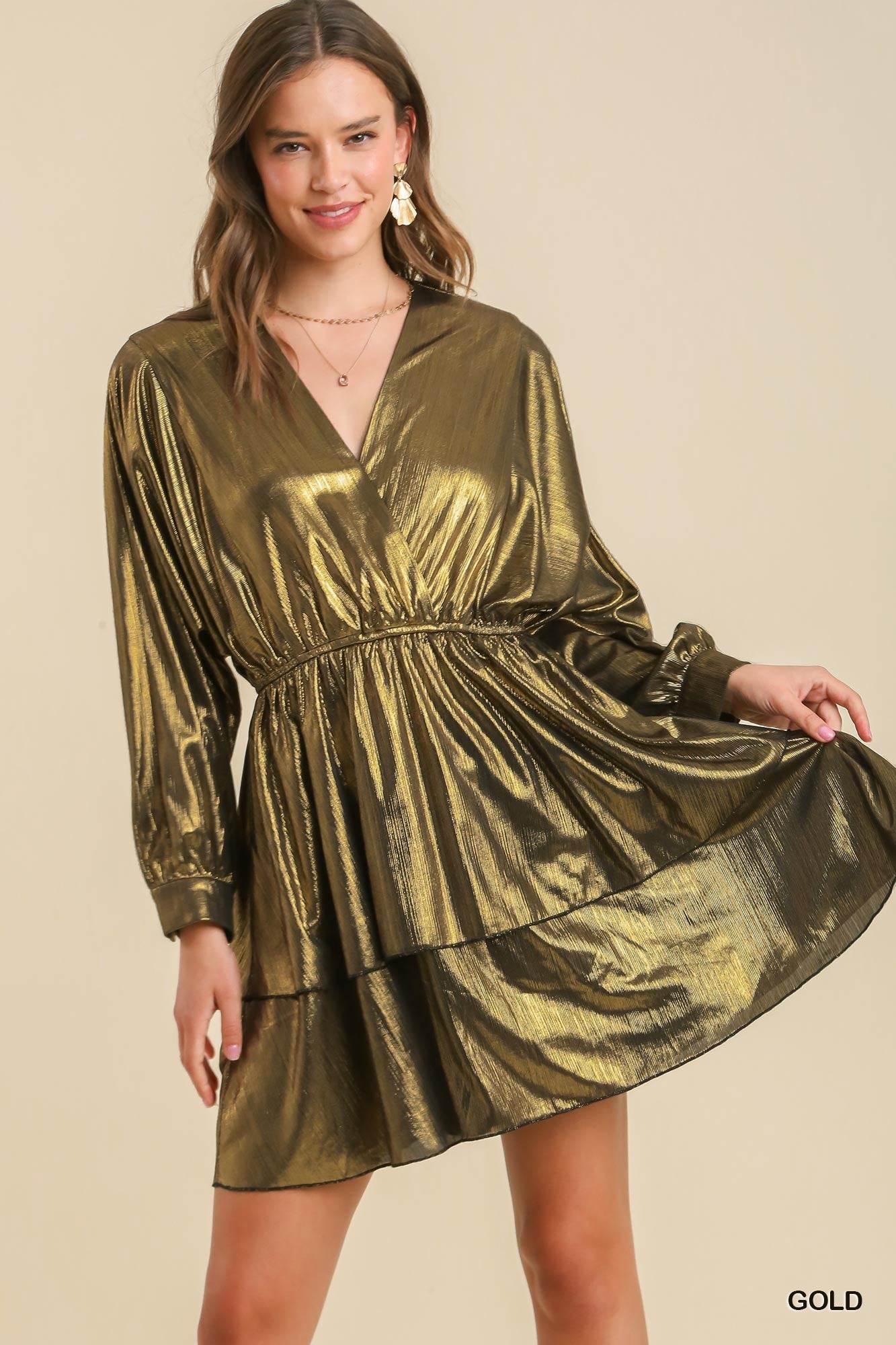 Metallic Surplice Neckline Tiered Dress - Gold