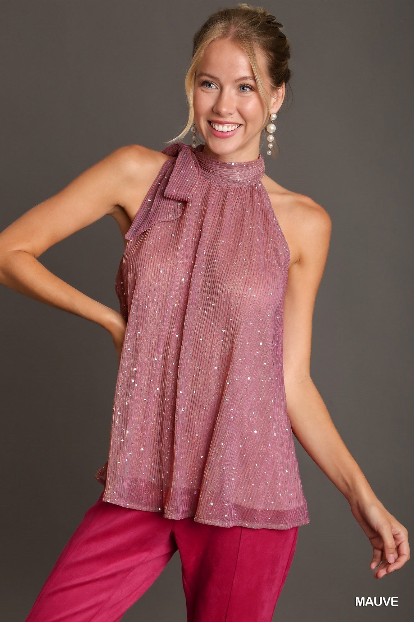Metallic Tie Neck Halter Top - Mauve