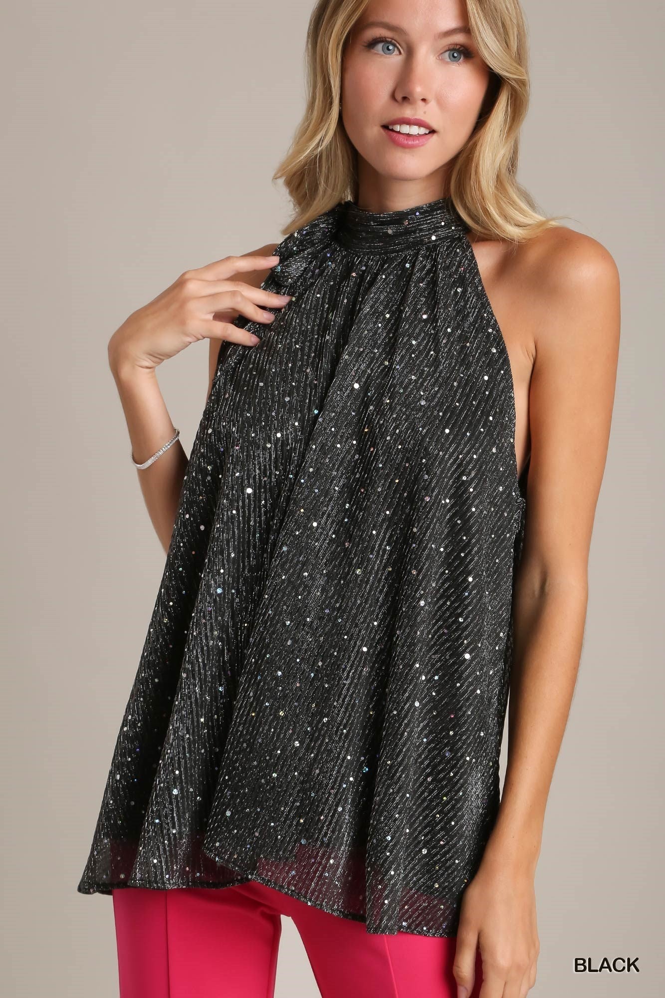 Metallic Tie Neck Halter Top - Black