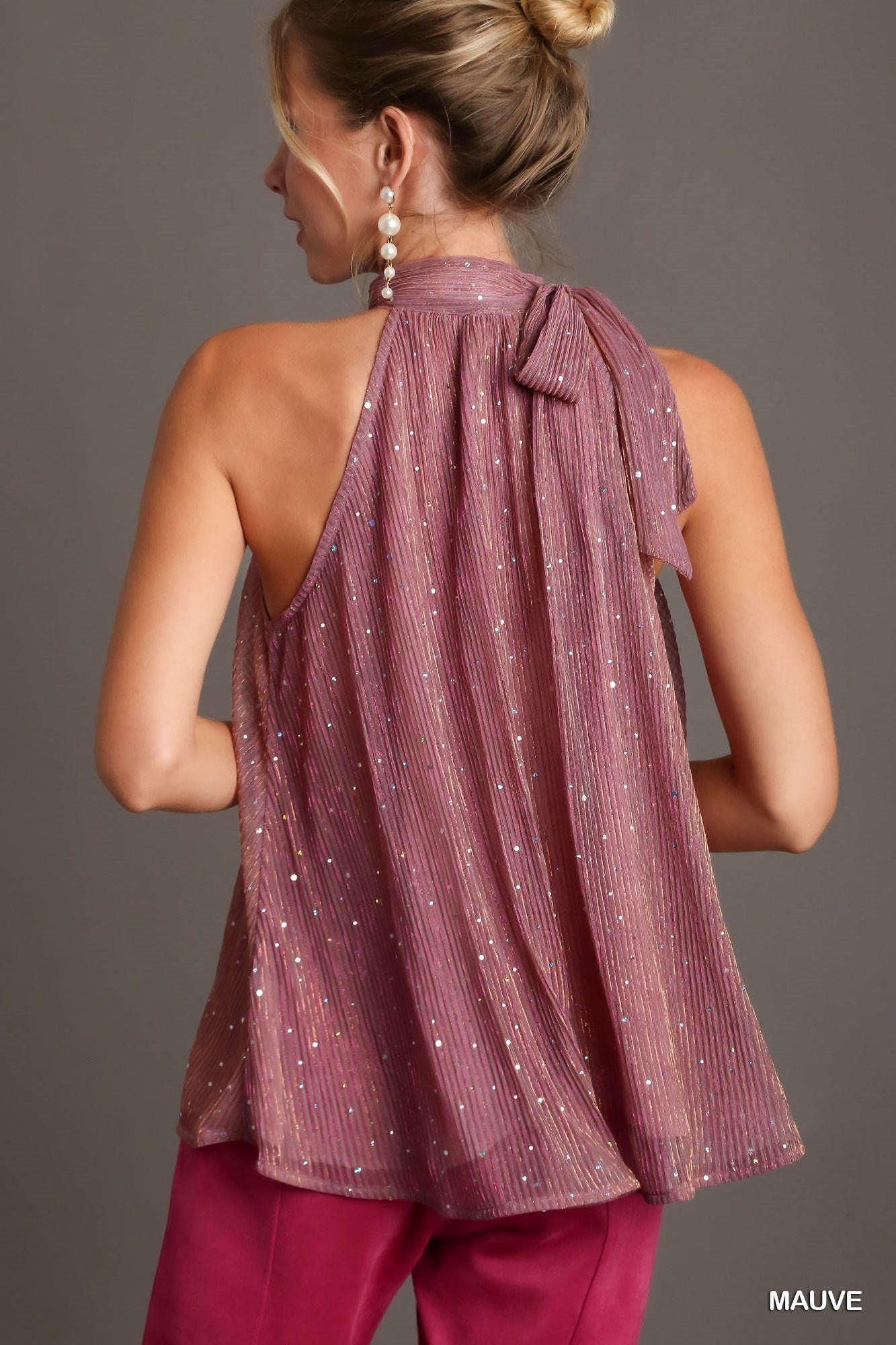 Metallic Tie Neck Halter Top - Mauve