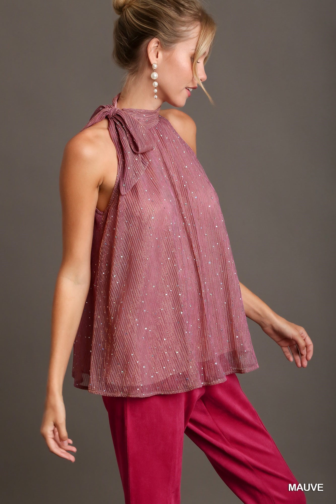 Metallic Tie Neck Halter Top - Mauve