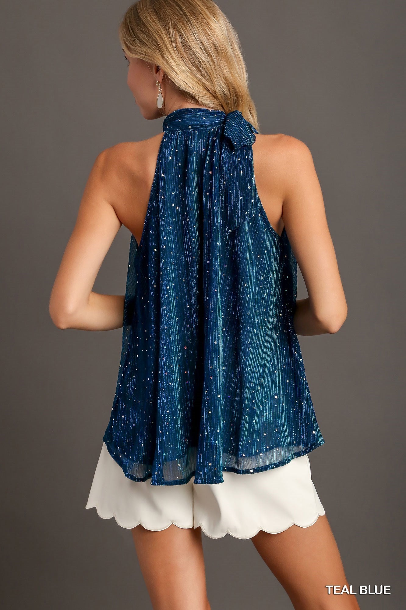 Metallic Tie Neck Halter Top - Sapphire