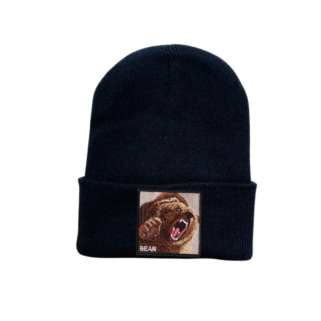 Solid Knitted Beanie - Black / Bear Patch