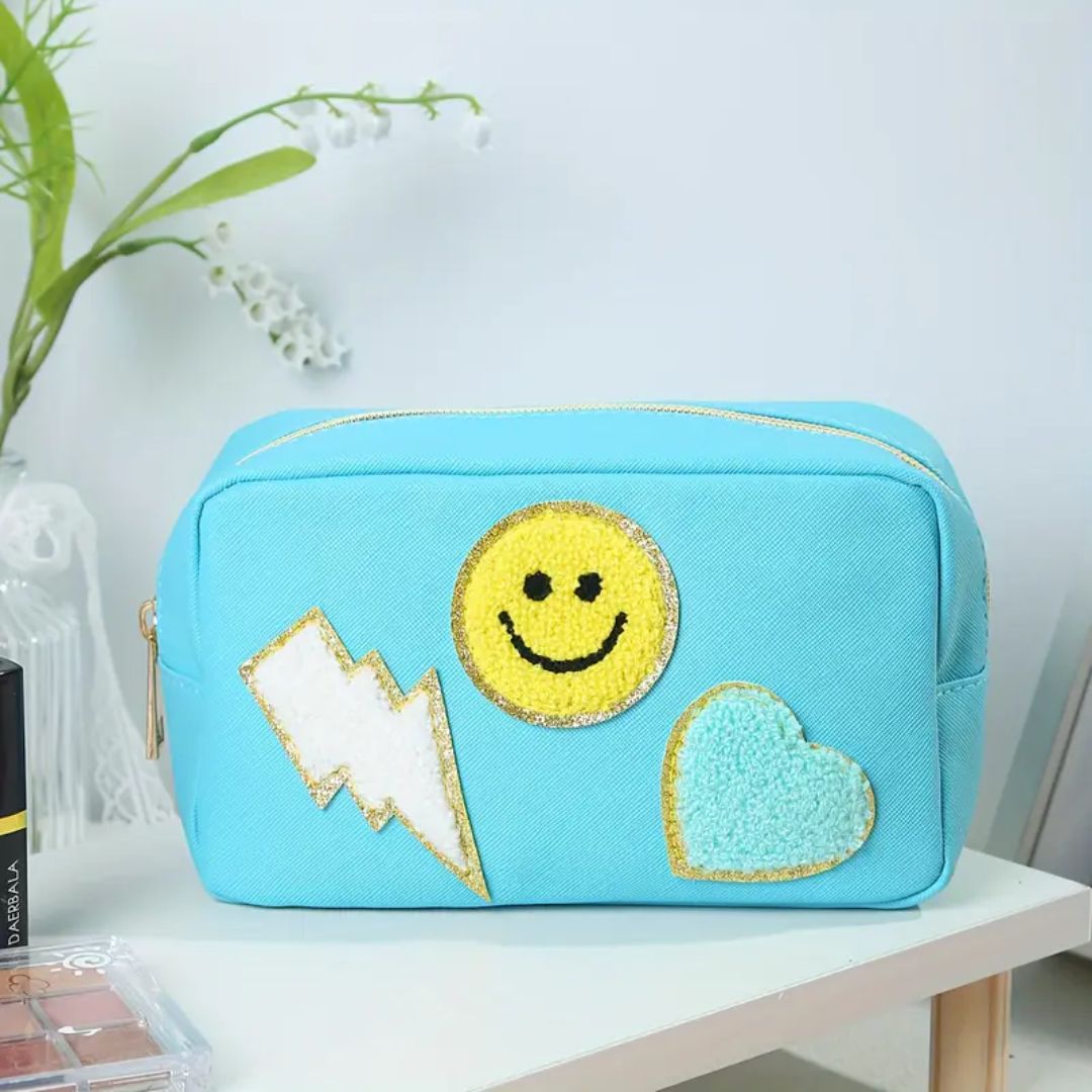 Blue Vegan Leather Zippered Travel Bag - Chenille Patches