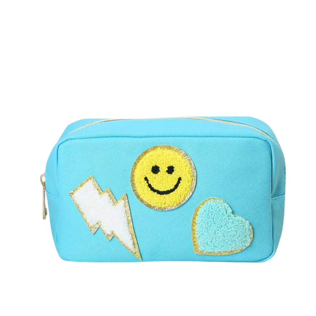 Blue Vegan Leather Zippered Travel Bag - Chenille Patches