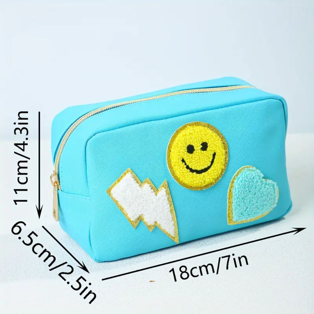 Blue Vegan Leather Zippered Travel Bag - Chenille Patches