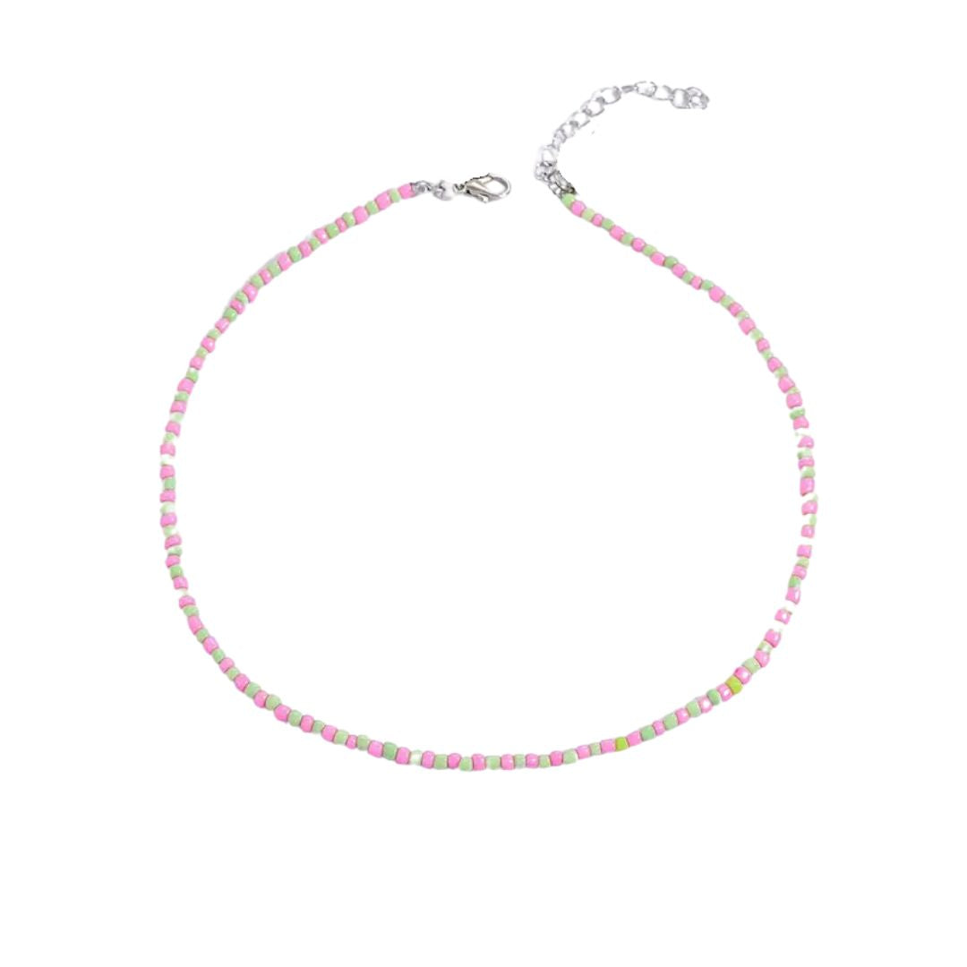 Bohemian Beaded Necklace - Green and Pink