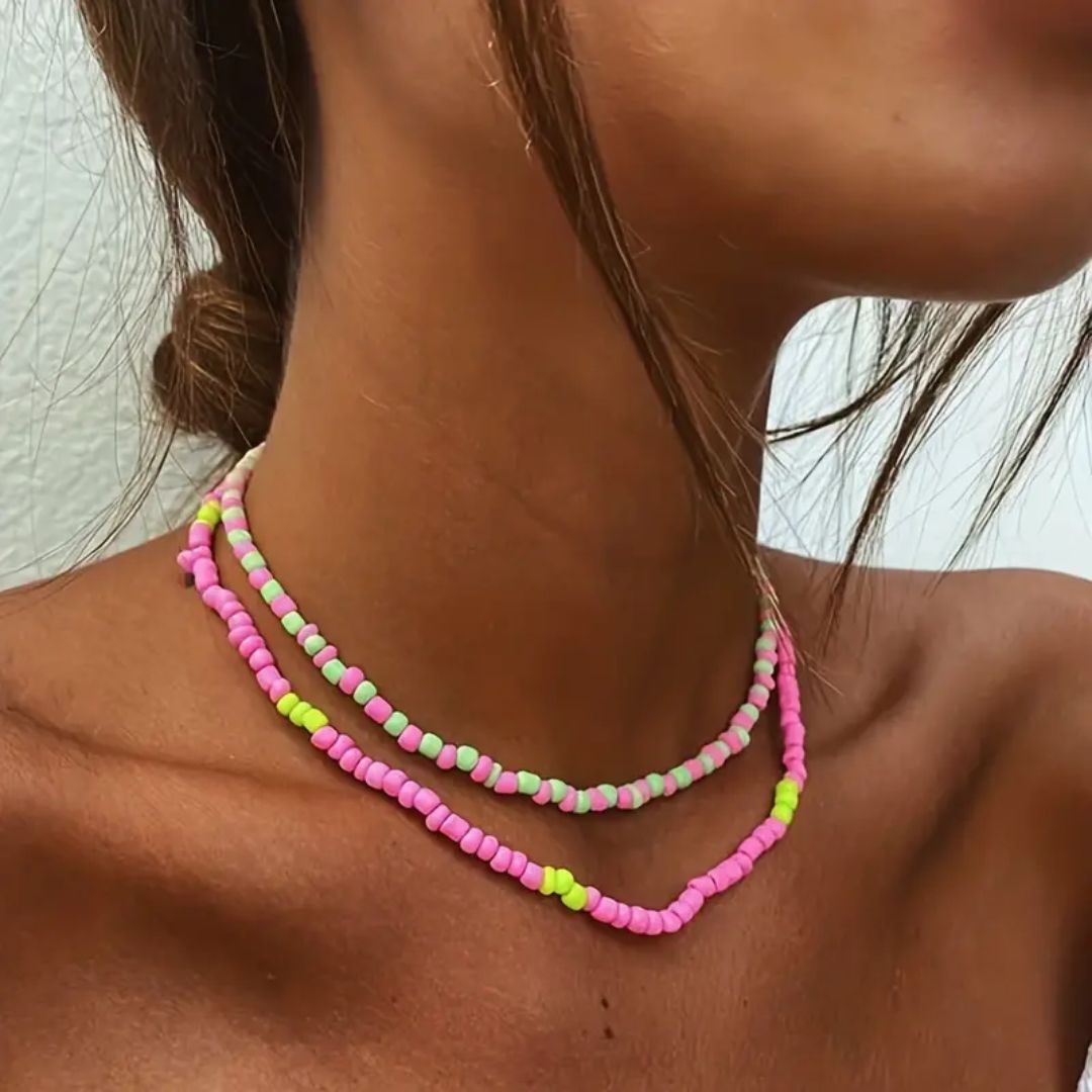 Bohemian Beaded Necklace - Green and Pink