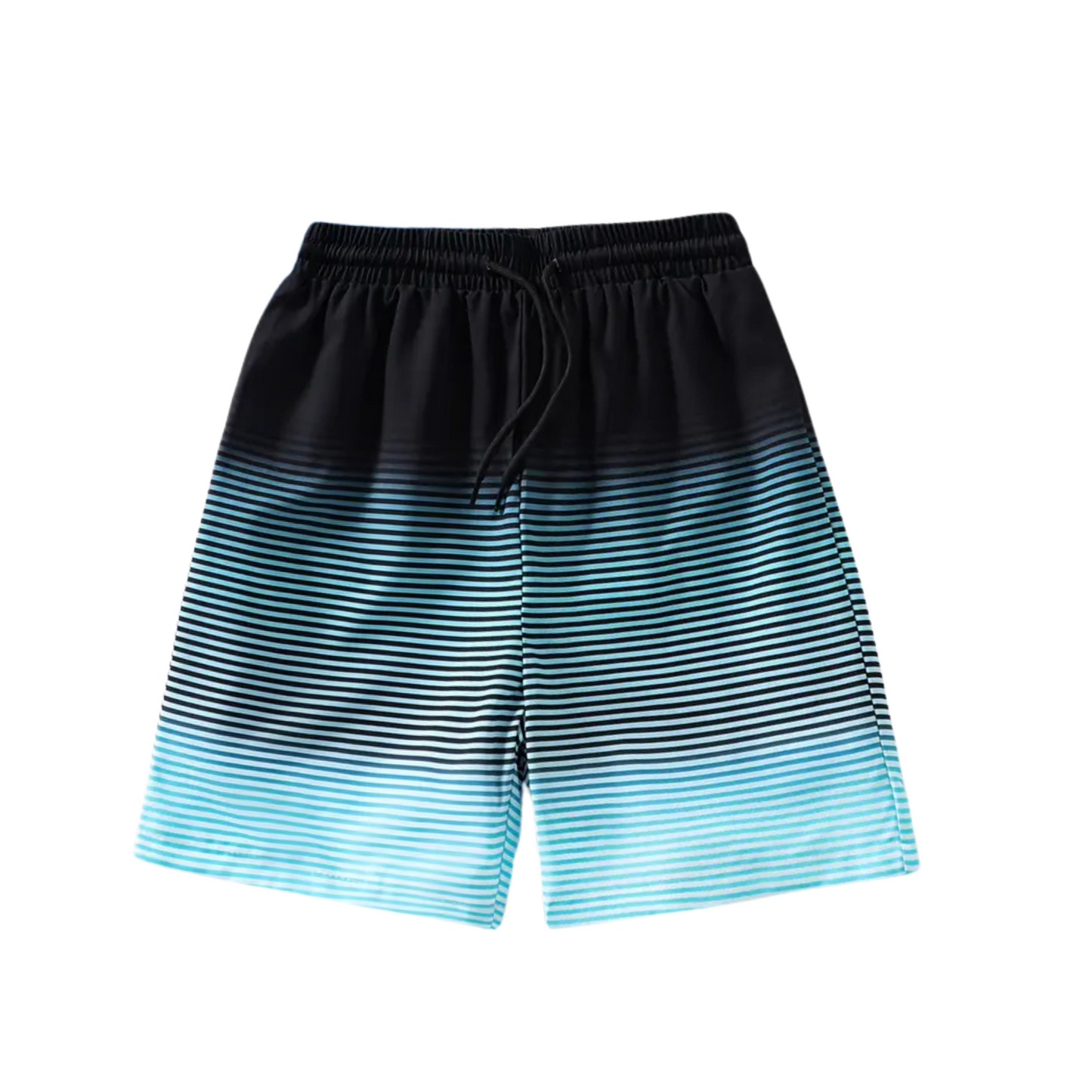 Boys Mid-Length Swim Trunks - Black / Sky Blue Boho Stripe