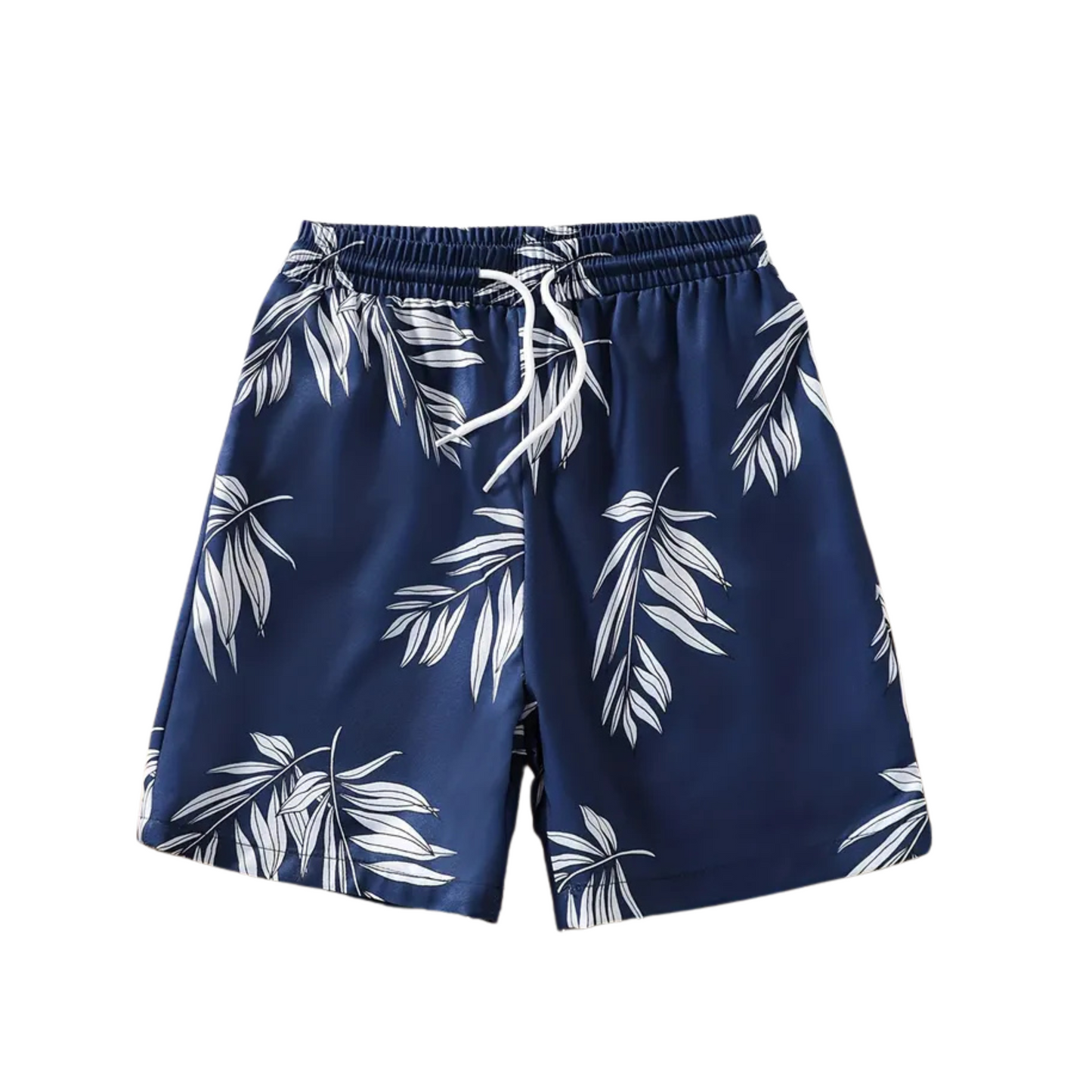 Boys Mid-Length Swim Trunks - Navy Tropical Leaf Pattern