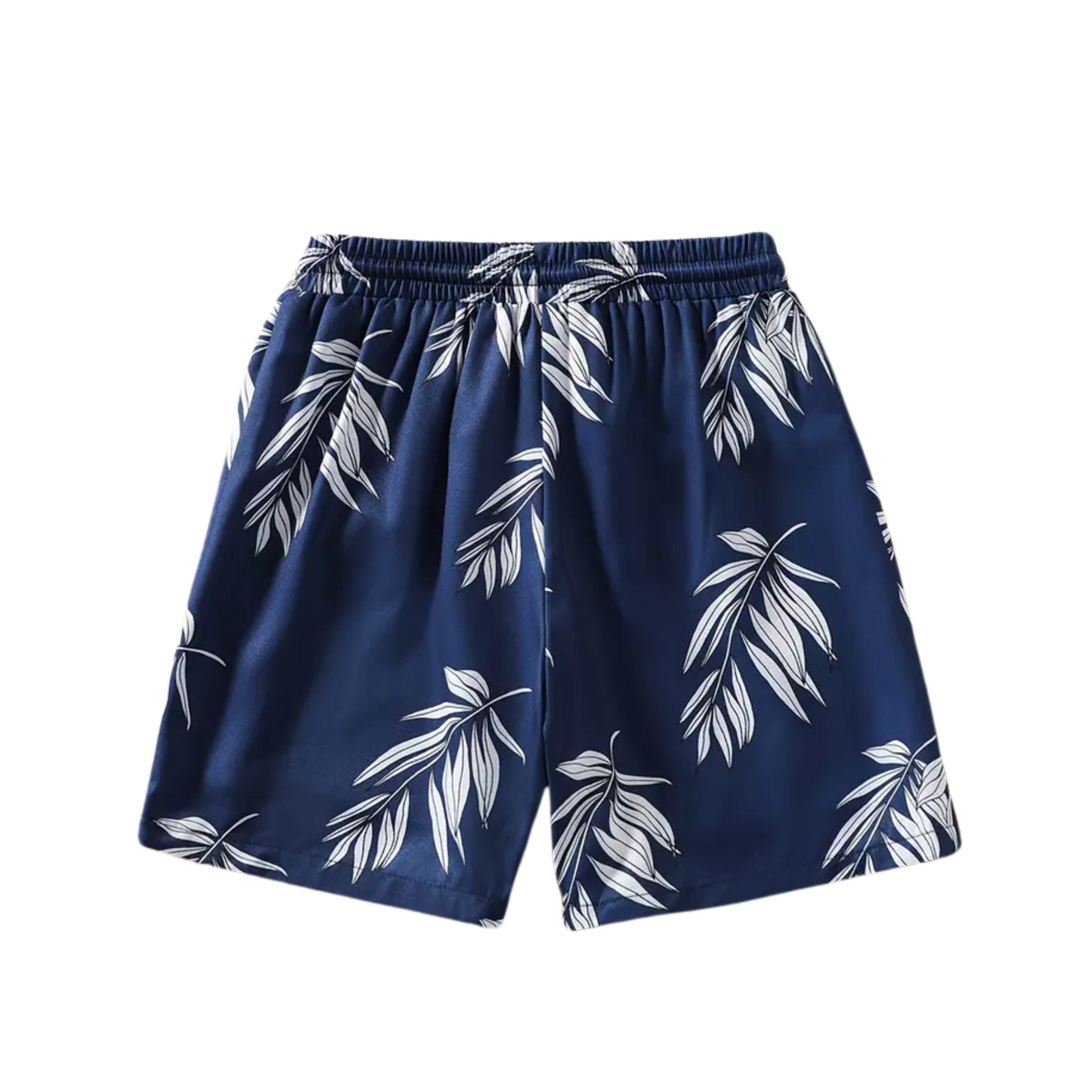 Boys Mid-Length Swim Trunks - Navy Tropical Leaf Pattern