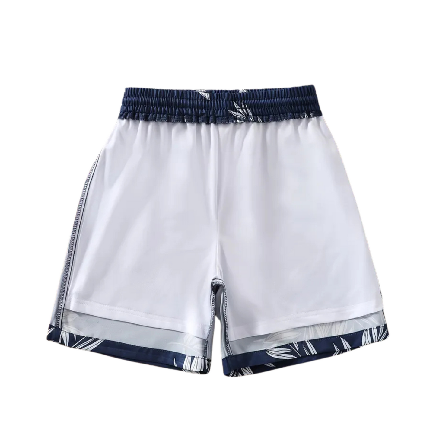 Boys Mid-Length Swim Trunks - Navy Tropical Leaf Pattern
