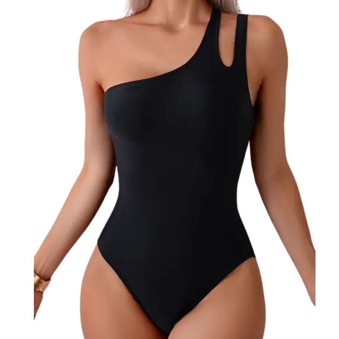 Chic Asymmetric One-Piece Swim Suit - Black