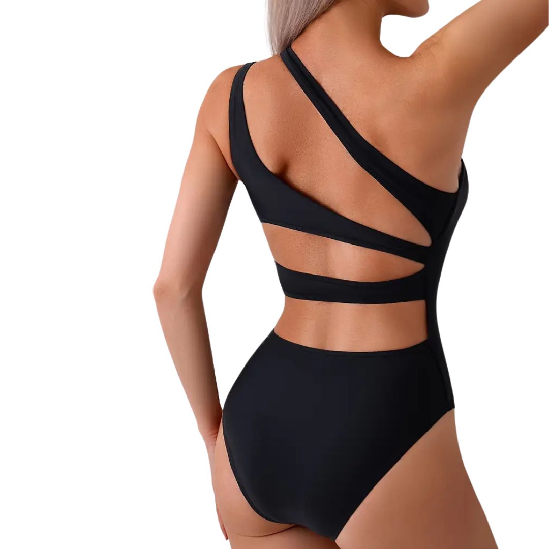 Chic Asymmetric One-Piece Swim Suit - Black