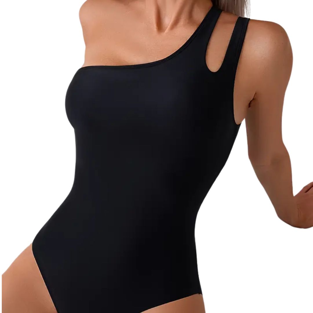 Chic Asymmetric One-Piece Swim Suit - Black