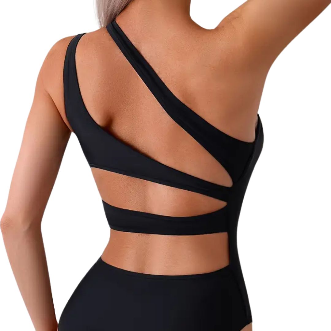 Chic Asymmetric One-Piece Swim Suit - Black