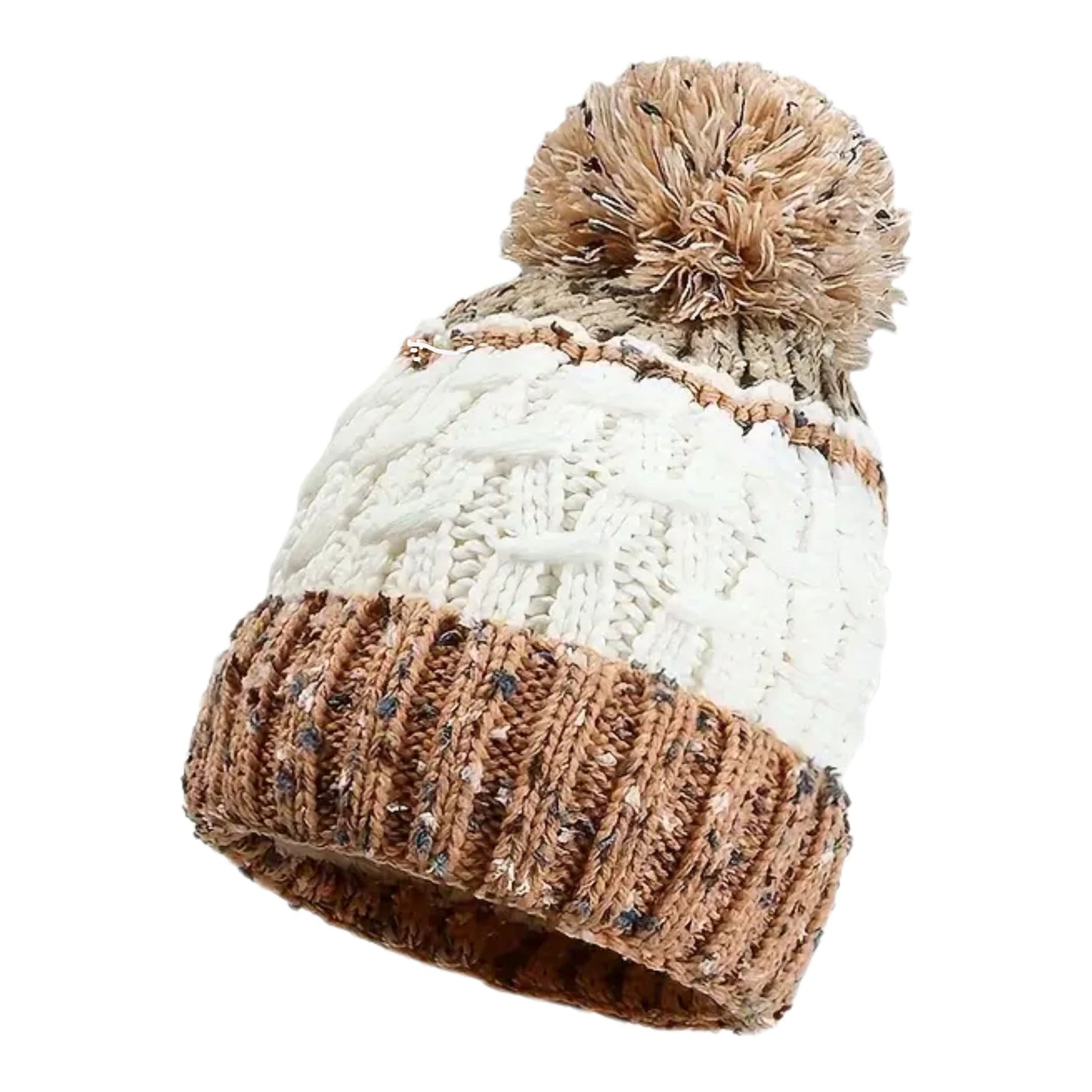 Colour Block Cable Knitted Pom Pom Beanie
