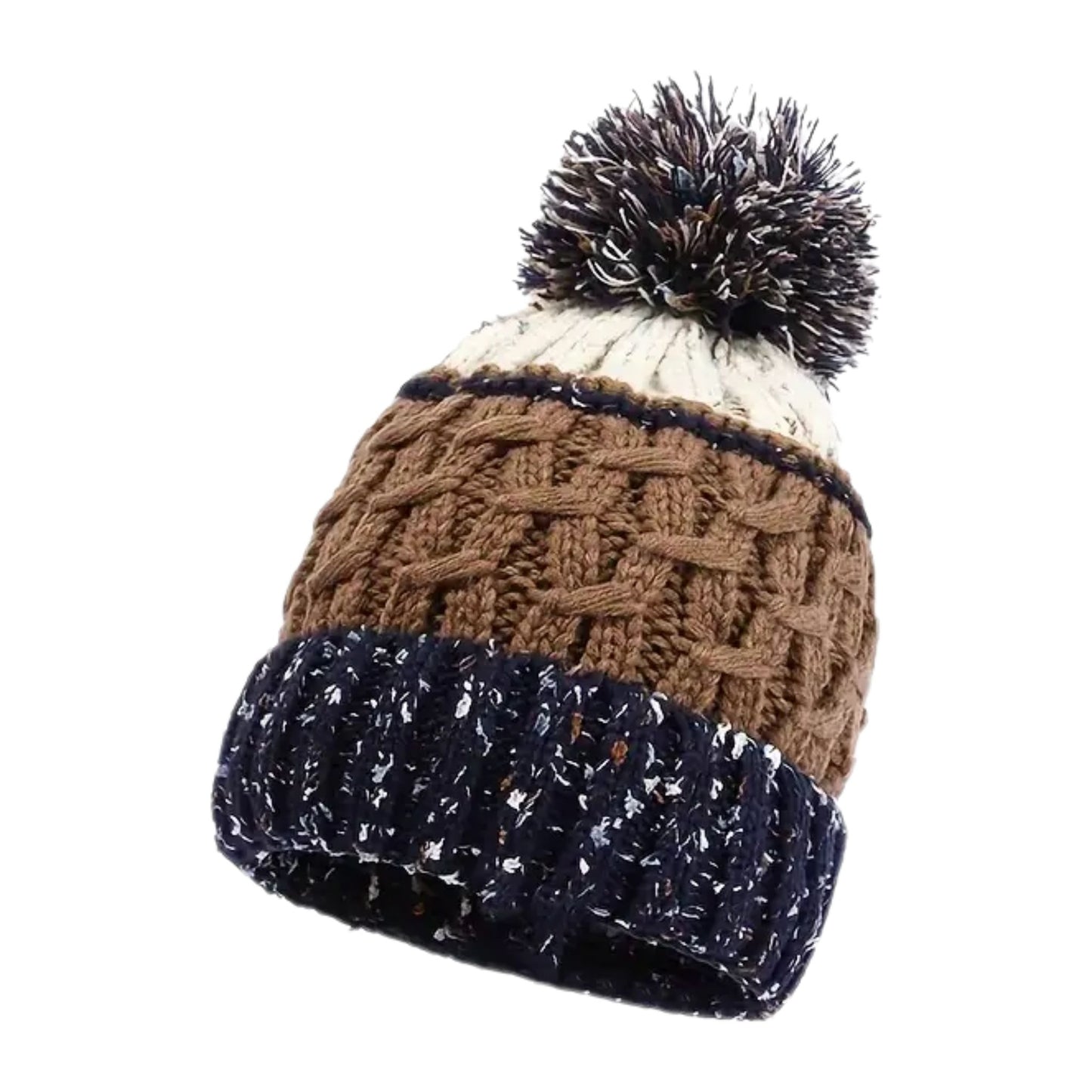 Colour Block Cable Knitted Pom Pom Beanie