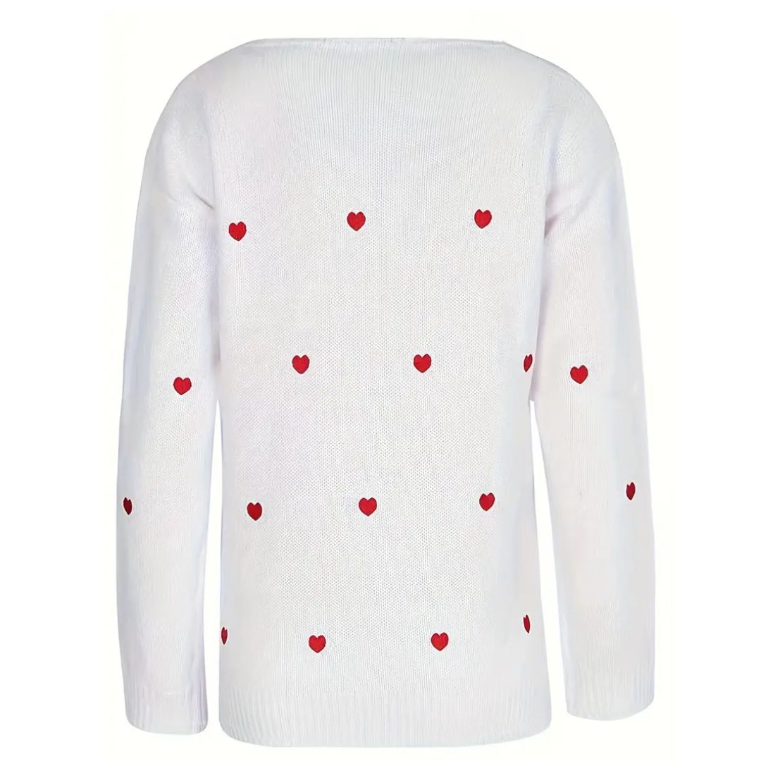 Embroidered Hearts Knit Sweater - White