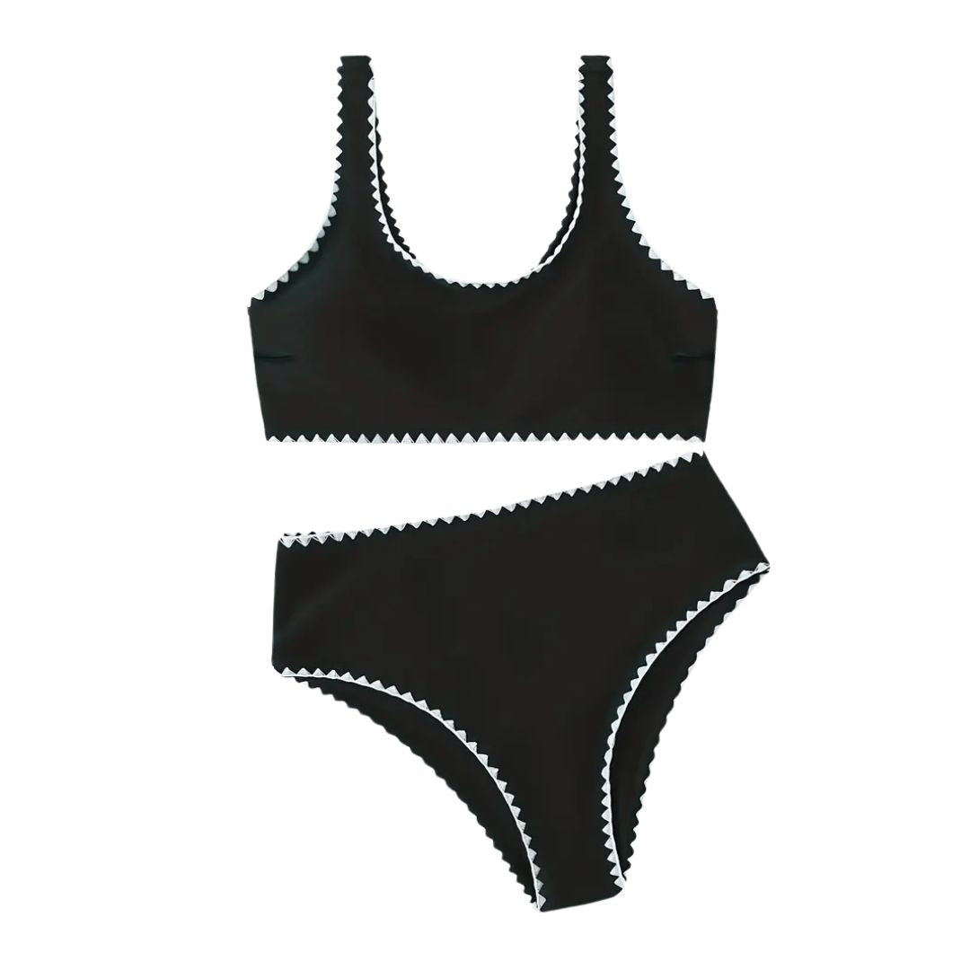 Embroidered Tankini Swim Suit - Black / White