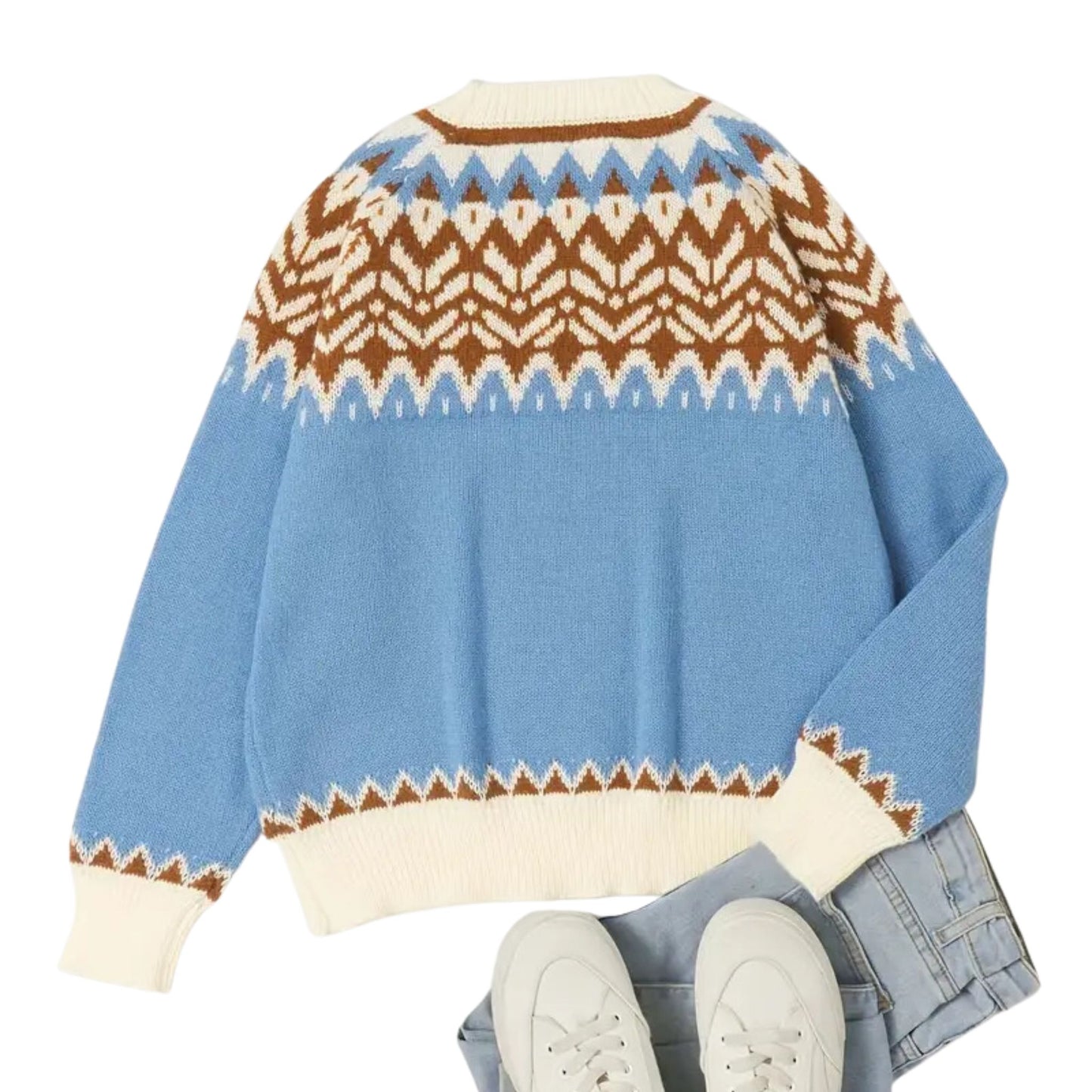 Fair Isle Knit Sweater - Powder Blue / Cream / Tan